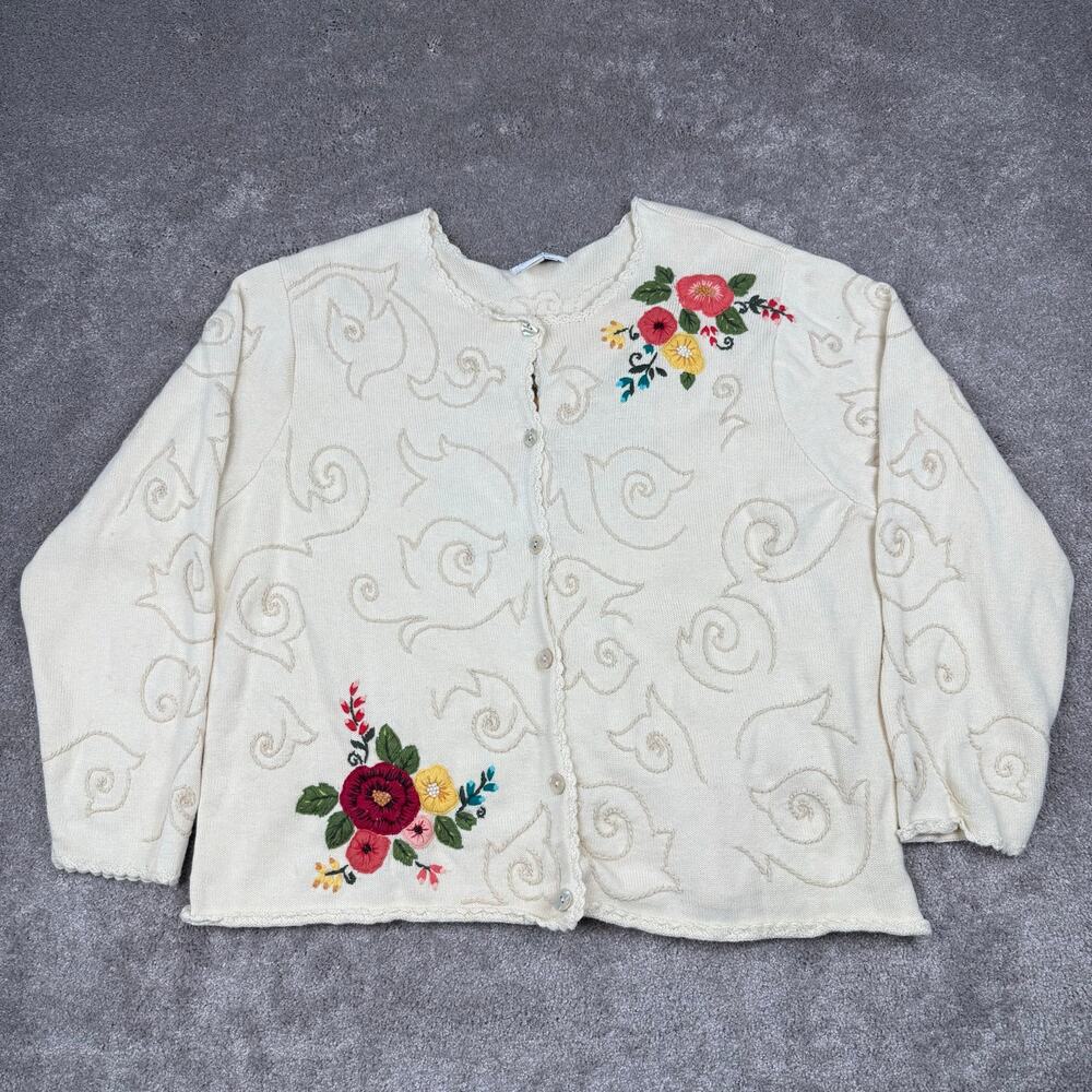 Coldwater Creek Ivory Floral Embroidered Cardigan Size 3X Tonal Scroll Print